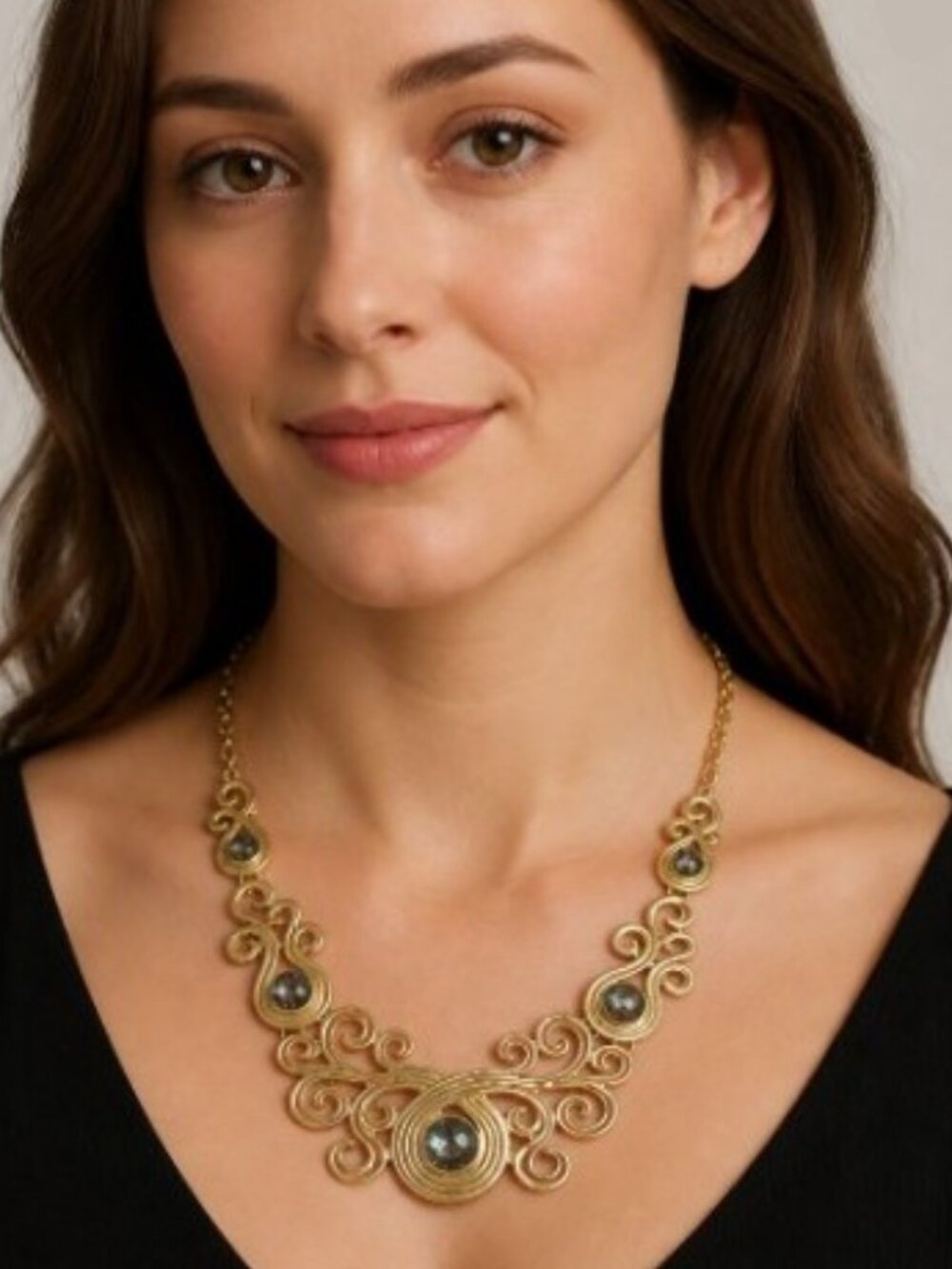 Magnolia By Treska Satin Gold‑Tone Glass Cabochon Panel Necklace - NWT